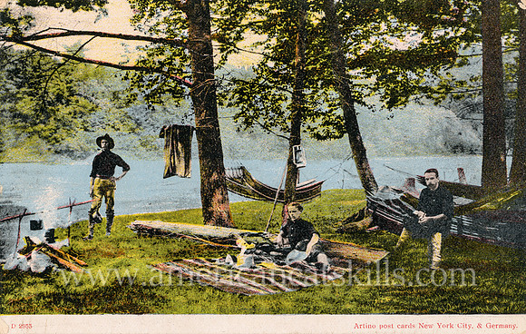 Vintage postcard depicting group of men camping at the hamlet of Glen Wild, New York.