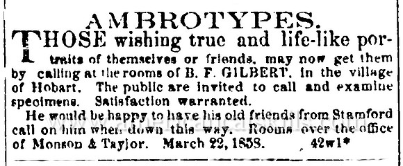 Advertisement for photographer B. F. Gilbert at Delhi, New York.