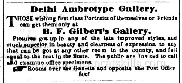Advertisement for photographer B. F. Gilbert at Delhi, New York.