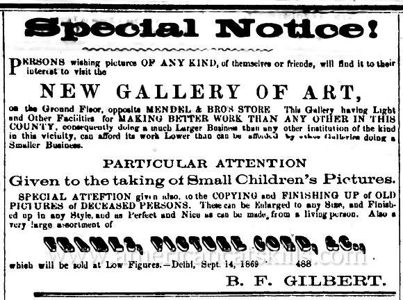 Advertisement for photographer B. F. Gilbert at Delhi, New York.