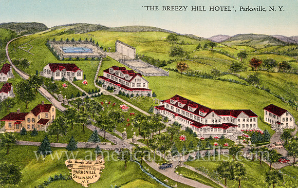 Vintage artistic postcard titled "Breezy Hill Hotel, Parksville, N. Y." by artist A. S. Landis of Wurtsboro, New York.