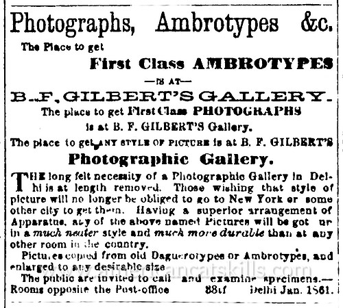 Advertisement for photographer B. F. Gilbert at Delhi, New York.
