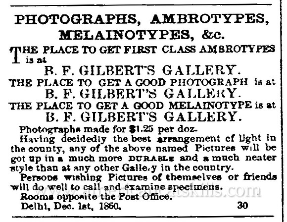 Advertisement for photographer B. F. Gilbert at Delhi, New York.