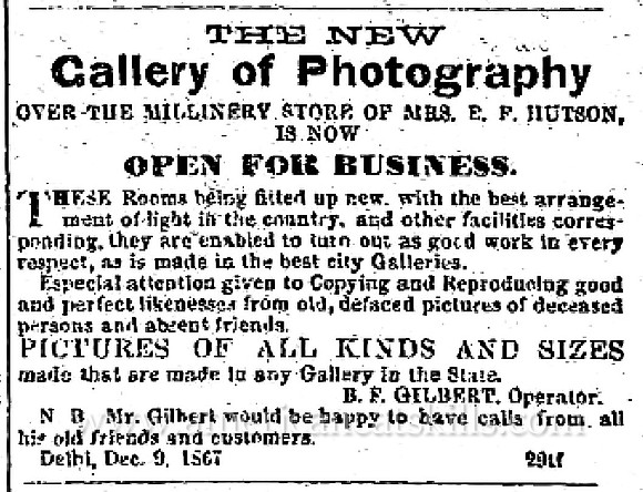 Advertisement for photographer B. F. Gilbert at Delhi, New York.