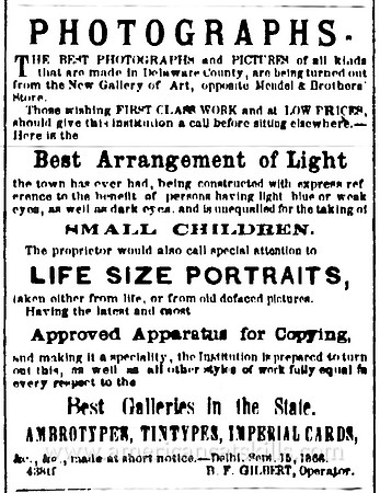 Advertisement for photographer B. F. Gilbert at Delhi, New York.