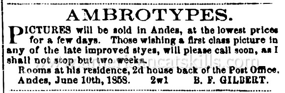 Advertisement for photographer B. F. Gilbert at Delhi, New York.