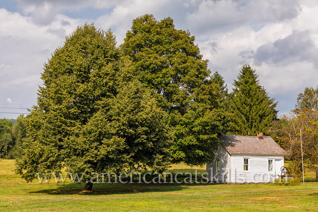 Photograph of the Husted Hollow Schoolhouse, originally located in Kortright, but now at the Delaware County Historical Association in Delhi, New York.