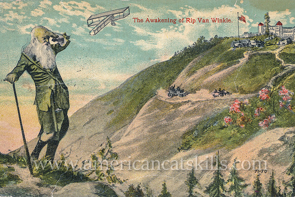 Vintage Catskills postcard depicting the awakened Rip Van Winkle as he looks over the Catskill Mountains, including the Catskill Mountain house.