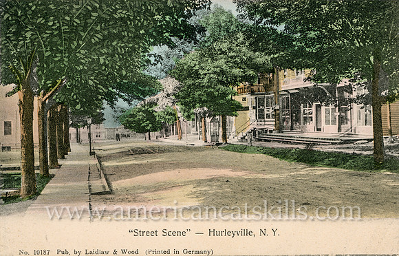 Vintage postcard titled "Street Scene - Hurleyville, N. Y." published by the photographic firm of Laidlaw and Wood of Hurleyville, New York.
