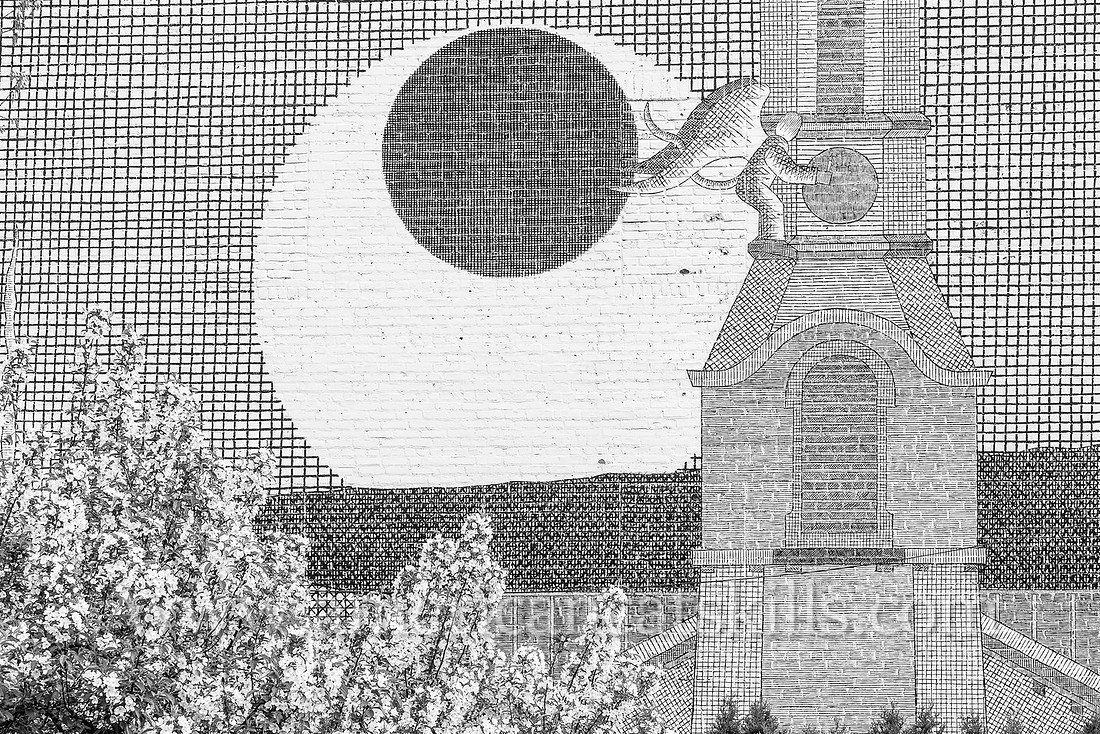 The large scale Hobgoblin of Old Dutch Church, which overlooks Peace Park in the Stockade District of Kingston, was created in 2014 by Kingston native Matthew Pleva.