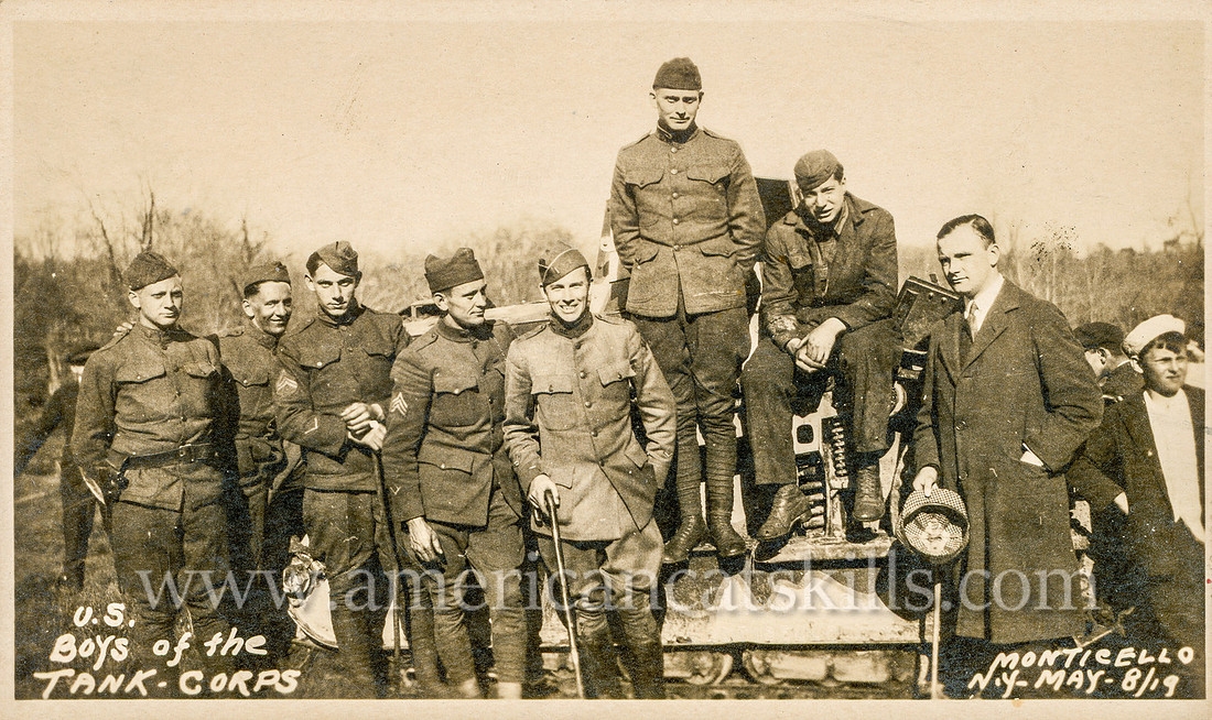 Vintage postcard titled "U. S. Boys of the Tank Corp, Monticello, N. Y., May 8, 1919" published by photographer Howard P. Thompson of Monticello, New York.