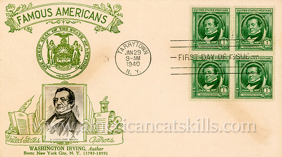 Washington Irving, Famous Americans, First Day Cover, Tarrytown, N.Y., January 29, 1940