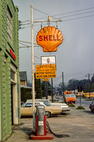Shell Gasoline sign, straight-on view, Delaware Street, Walton, New York