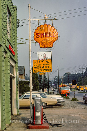 Shell Gasoline sign, straight-on view, Delaware Street, Walton, New York