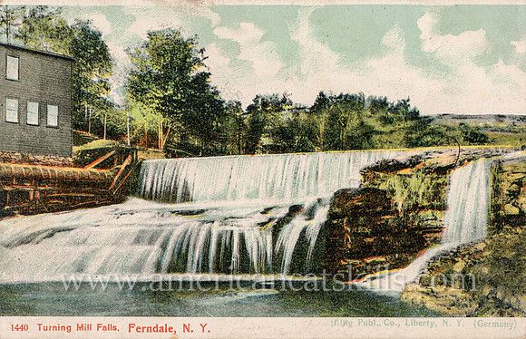 Vintage postcard titled "Turning Mill Falls, Ferndale, N. Y." published by photographer Otto Hillig of Liberty, New York.