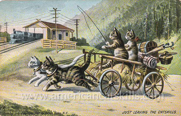 Vintage Catskills postcard by Albert Hahn depicting a cat-drawn wagon being driven by other cats as they pass the train station to leave the Catskills.