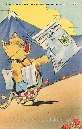 Vintage Catskills postcard by the Kingston News Service depicting a cat walking along a dirt road selling a newspaper titled “Catskill Mountain News.”