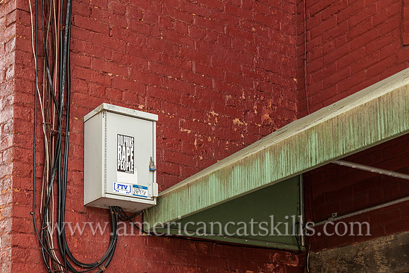 Located in the Stockade District of Kingston, sticker that says “Dolphins Rape People.”