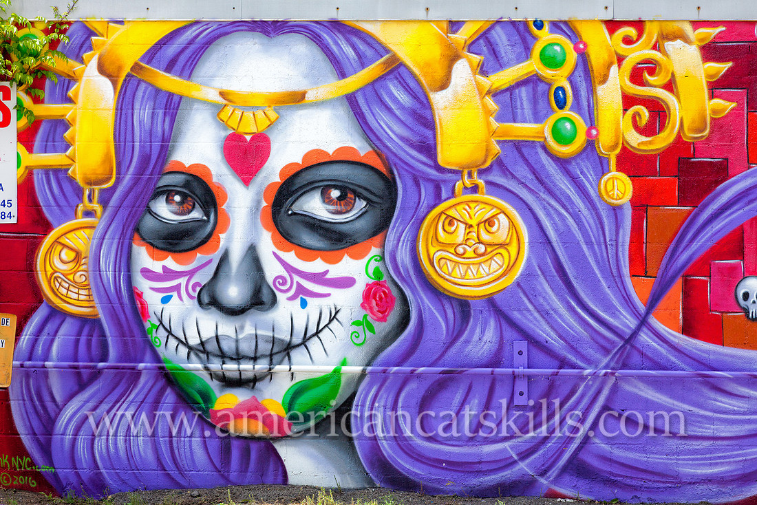 The midtown mural titled “Native Americans Discover Columbus” was created during the 2016 and 7th annual O+ Festival by well known artist Lady Pink.