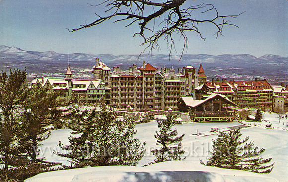 Vintage postcard titled "Lake Mohonk Mountain House and Lake from Sky Top Path" by photographer Ruth H. Smiley.