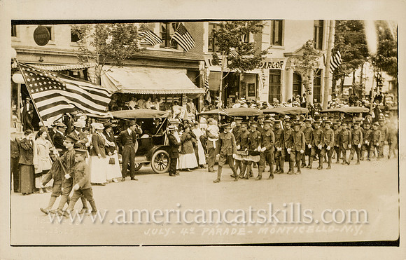 Vintage postcard titled "Boy Cadets, July 4th Parade, Monticello, N. Y." published by photographer Howard P. Thompson of Monticello, New York.