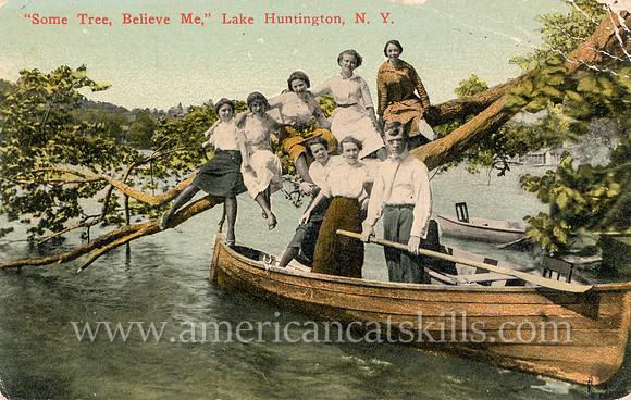 Vintage postcard titled "Some Tree, Believe Me, Lake Huntington, N. Y." showing a group of friends in a boat and hanging on a tree.