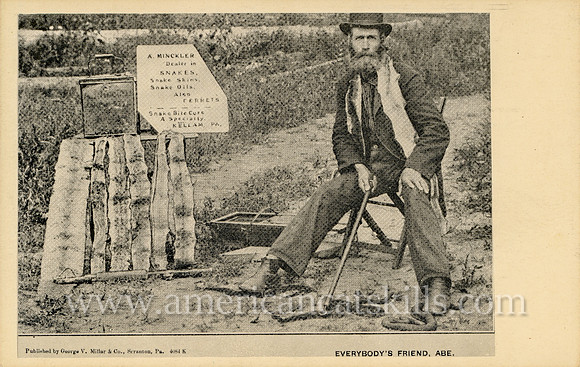 Vintage postcard titled "Everybody's Friend, Abe" which depicts snake handler Abram Minckler.