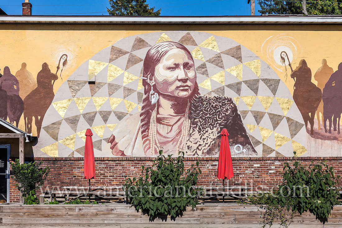 The historically focused mural titled Pretty Nose adorns the side of the Keegan Ales building in midtown Kingston.