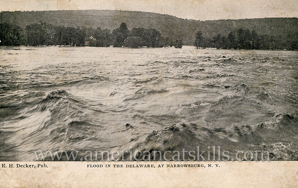 Vintage postcard titled "Flood in the Delaware, At Narrowsburg, N. Y." by photographer Edwin H. Decker.
