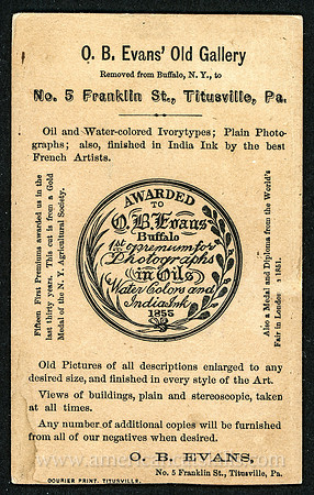 O. B. Evans, Photographer, No. 5 Franklin Street, Titusville, Pennsylvania
