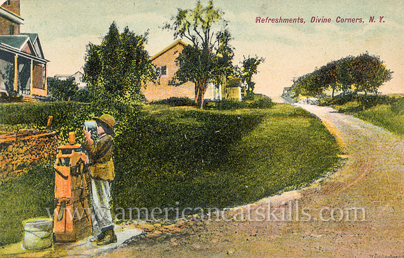 Vintage photograph titled "Refreshments, Divine Corners, N. Y." showing a young boy drinking water from a country well.