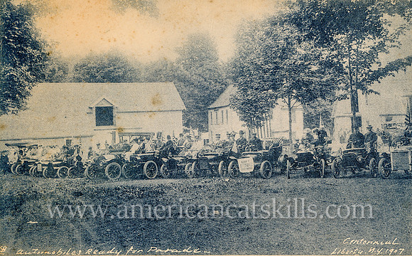 Vintage photograph titled "Automobiles Ready for Parade, Centennial, Liberty, N. Y., 1907" by photographer Otto Hillig of Liberty, New York.