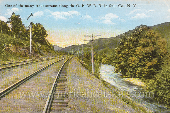 Vintage postcard from photographer Otto Hillig depicting a trout stream along the tracks of the Ontario and Western Railroad in Sullivan County, New York.