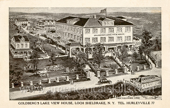 Vintage artistic postcard titled "Goldberg's Lake View House, Loch Sheldrake, N. Y." by artist A. S. Landis of Wurtsboro, New York.