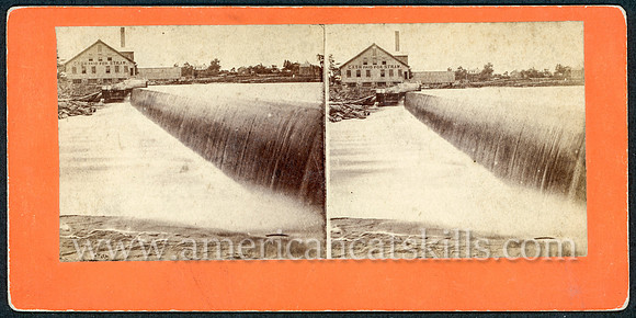 Vintage stereoview titled "Remington Dam, Watertown, N. Y." published by photographer D. J. Auchmoody of Rondout, New York.