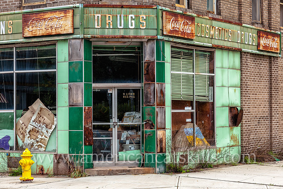 Abandoned pharmacy building at the hamlet of Parksville, Sullivan County, New York.