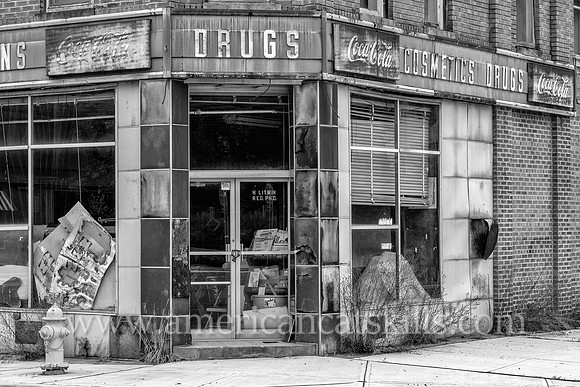 Abandoned pharmacy building at the hamlet of Parksville, Sullivan County, New York.