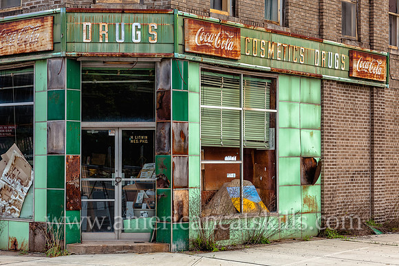 Abandoned pharmacy building at the hamlet of Parksville, Sullivan County, New York.