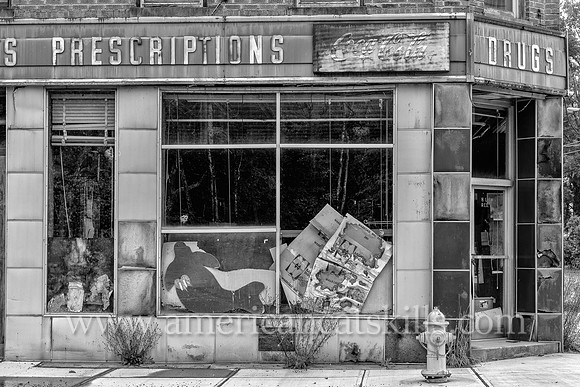 Abandoned pharmacy building at the hamlet of Parksville, Sullivan County, New York.