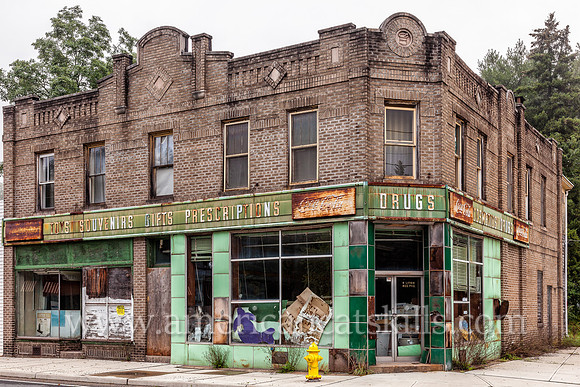 Abandoned pharmacy building at the hamlet of Parksville, Sullivan County, New York.