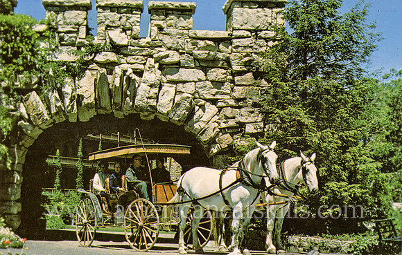 Vintage postcard titled "Horse Drawn Carriage from a By-gone Era, Lake Mohonk Mountain House" by photographer Ruth H. Smiley.