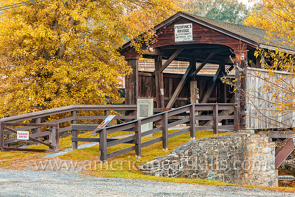 The historic Perrine’s Covered Bridge, constructed in 1835 by Benjamin Wood, crosses the Wallkill River in the hamlet of Rifton in Ulster County, New York.