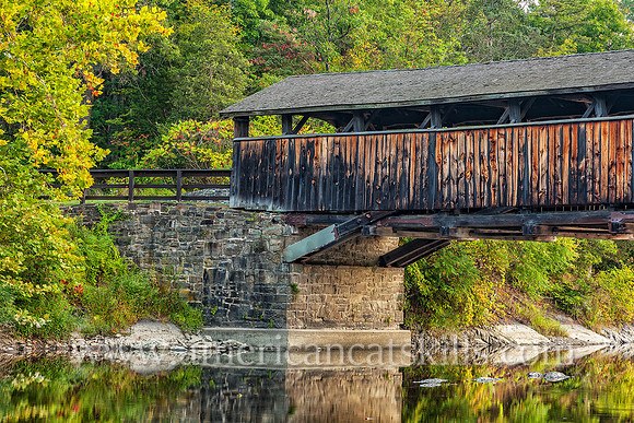 The historic Perrine’s Covered Bridge, constructed in 1835 by Benjamin Wood, crosses the Wallkill River in the hamlet of Rifton in Ulster County, New York.