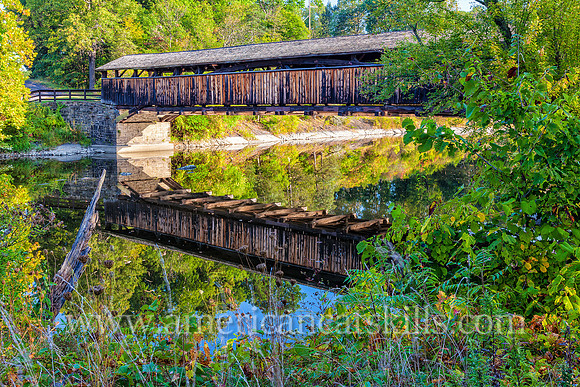 The historic Perrine’s Covered Bridge, constructed in 1835 by Benjamin Wood, crosses the Wallkill River in the hamlet of Rifton in Ulster County, New York.