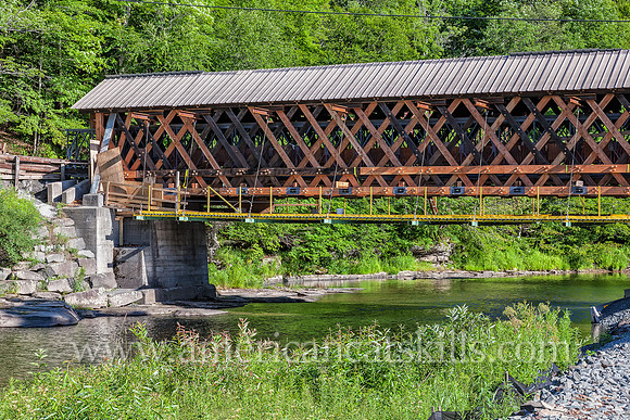 The Beaverkill Covered Bridge, seen here with exposed town lattice trusses due to the removed siding, underwent a major restoration project between 2015 and 2017.