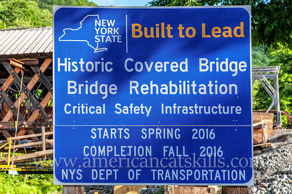 The Beaverkill Covered Bridge, seen here with exposed town lattice trusses due to the removed siding, underwent a major restoration project between 2015 and 2017.