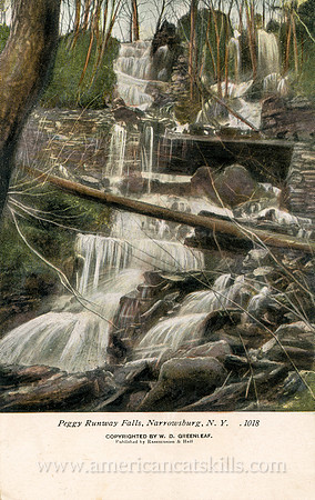 Vintage postcard titled "Peggy Runway Falls, Narrowsburg, N. Y." published by photographer W. D. Greenleaf of Narrowsburg, New York.