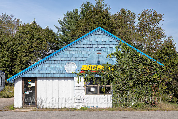 Abandoned auto parts store in Narrowsburg with vines growing over the side and front of the building; former Napa Auto Parts store.