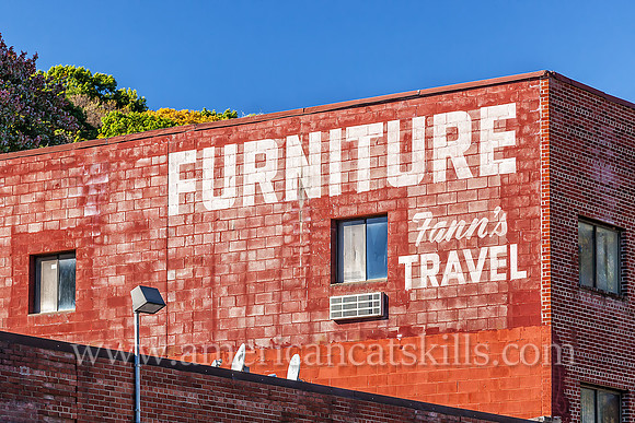 This fading ghost sign advertises several former businesses including Fann’s Travel and, presumably, a furniture store at Rosendale in Ulster County, New York.