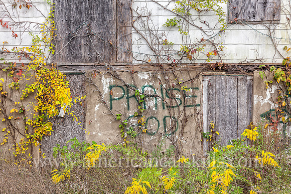 Abandoned building with the words “Praise God” spray-painted on the front of the building; building overgrown with vines; located at Kingston in Ulster County, New York.